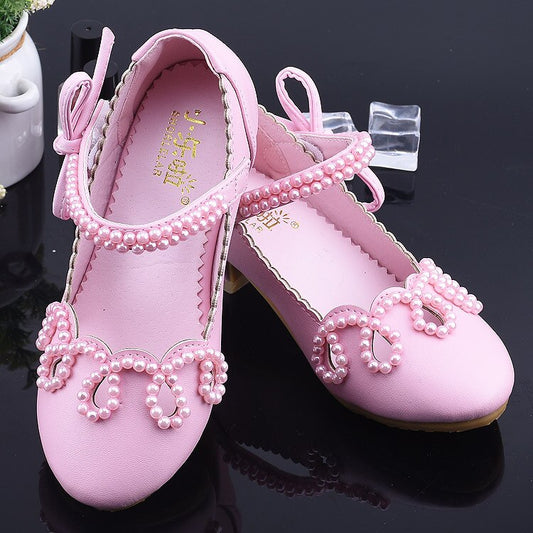 Princess Kids Leather Shoes for Girls High Heels Beaded Children