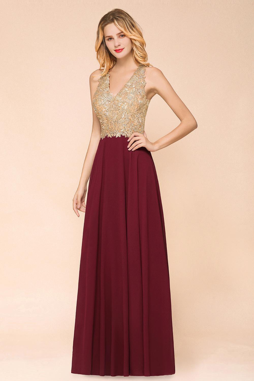Homecoming Dresses: Long Prom Dresses V Neck Sleeveless Gown Gold Lace Applique