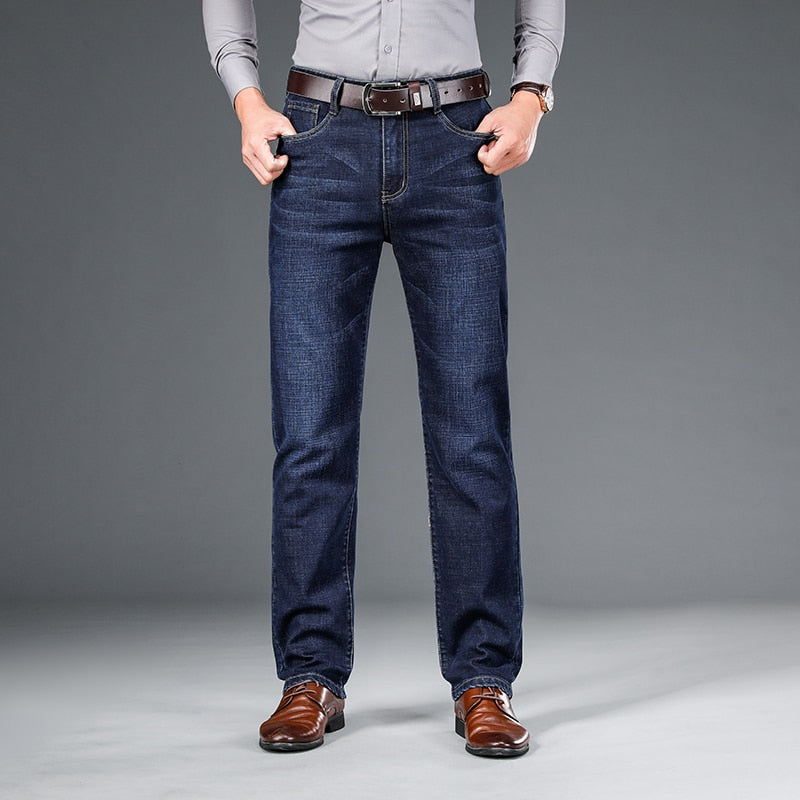 autumn spring fitted straight stretch denim jeans classic style badge youth men