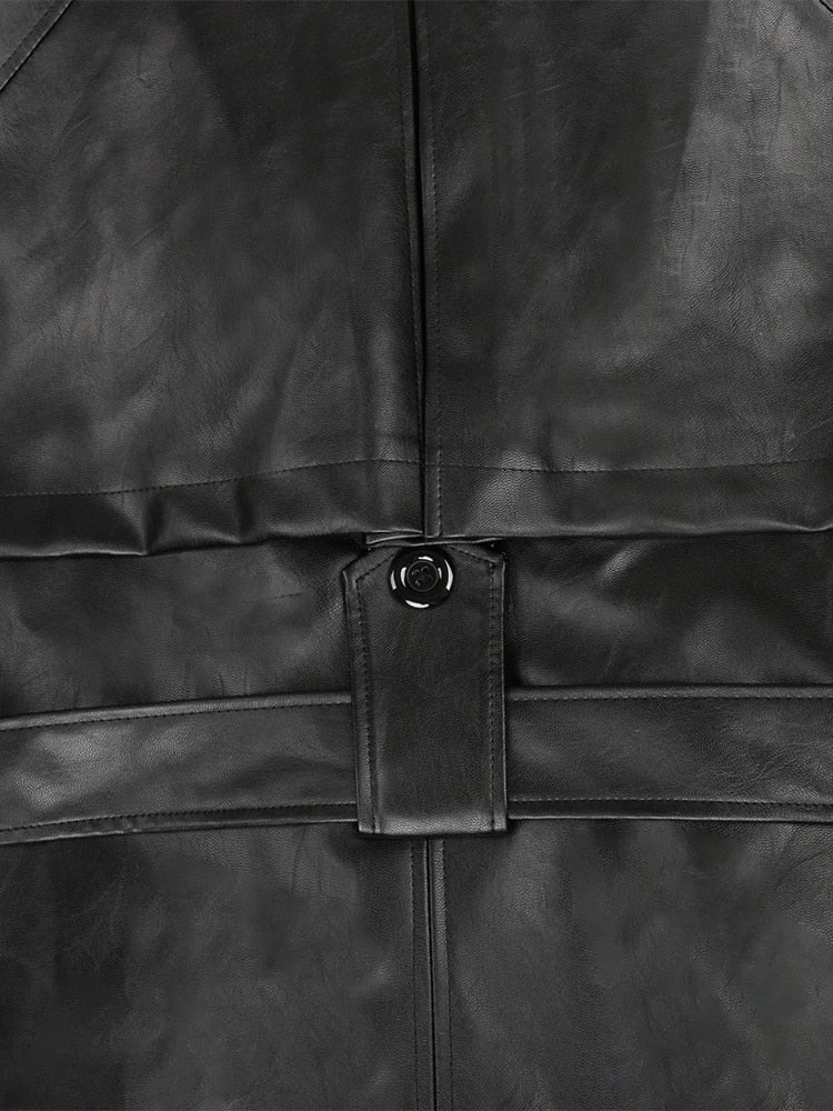 Spring Autumn Long Oversized Black Pu Leather Trench Coat