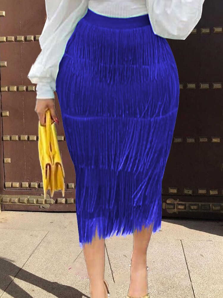Women Fringe Bodycon Pencil Skirts Black Tassel High Waist Stretch Sheath Midi