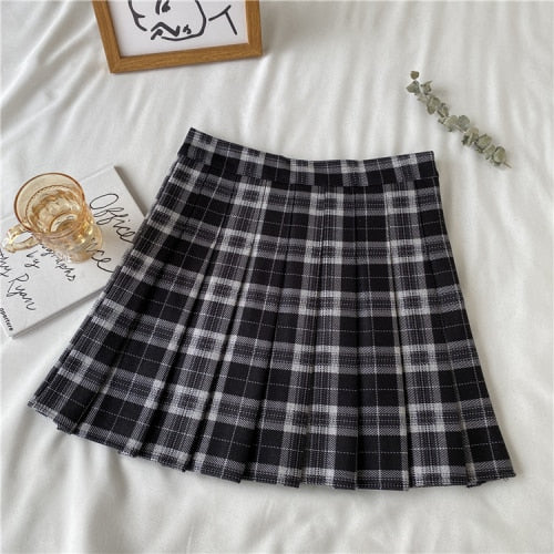 Korean Style Plaid Pleated Skirt Female Spring and Autumn High Waist Thin A-line