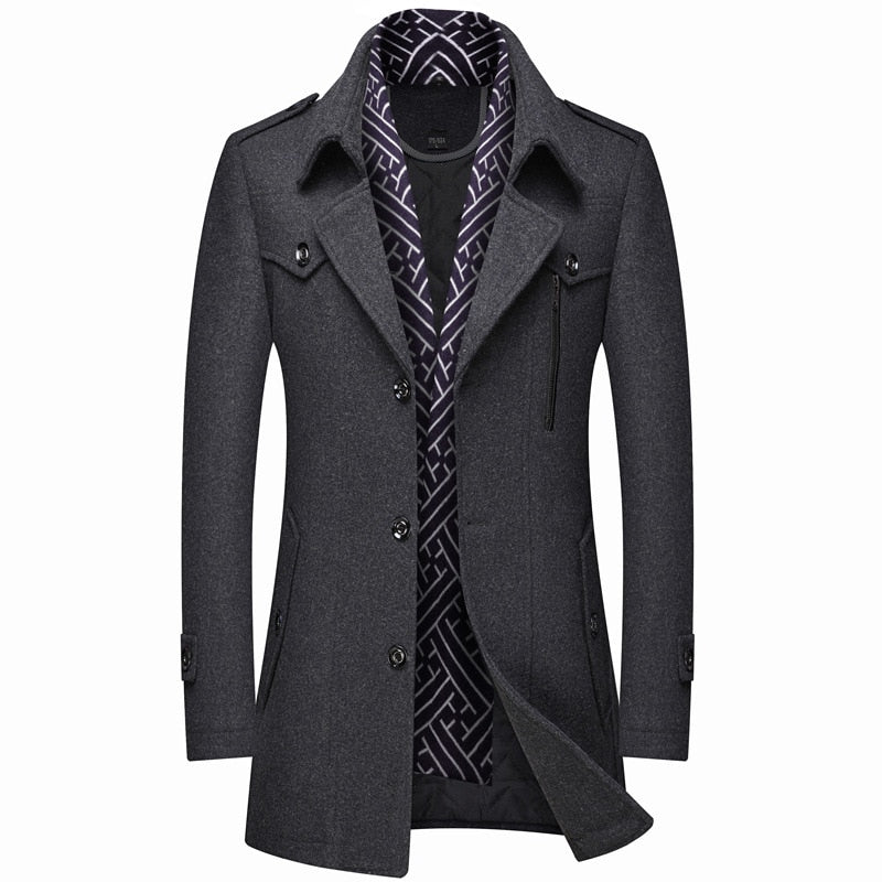 Winter Men Wool Coats New Fashion Middle Long Scarf Collar Cotton-Padded Thick