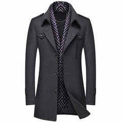 Winter Men Wool Coats Fashion Middle Long Scarf Collar Cotton-Padded Thick