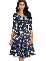 Spring Pure Color with Sash Retro Dresses Cocktail Party Flare Swing Women Dress