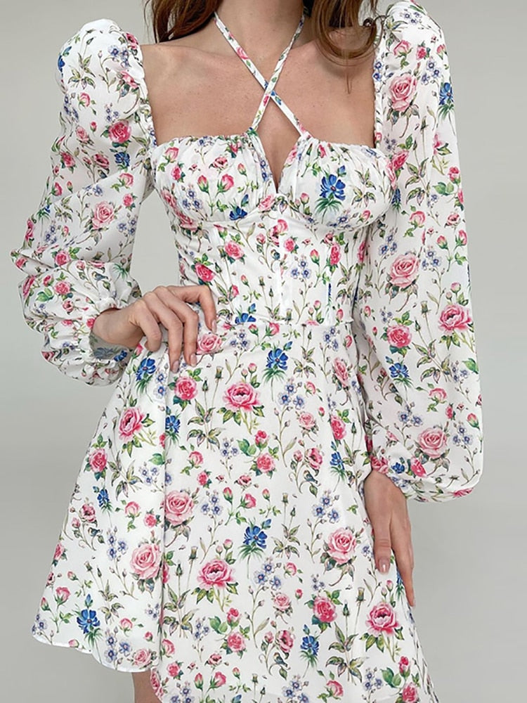 Floral Dress Women Lantern Long Sleeve Ruched Print A Line Square Neck Tie up Mini Vestidos Sexy Chic Summer Beach Dress