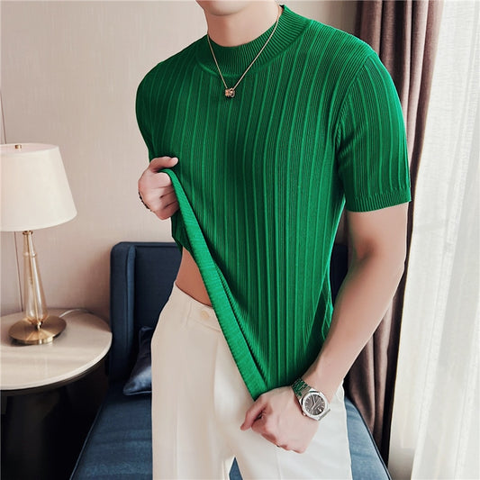 Knitted Elasticity T Shirt Men Half High Collar Short Sleeve Casual Slim Fit Sweater