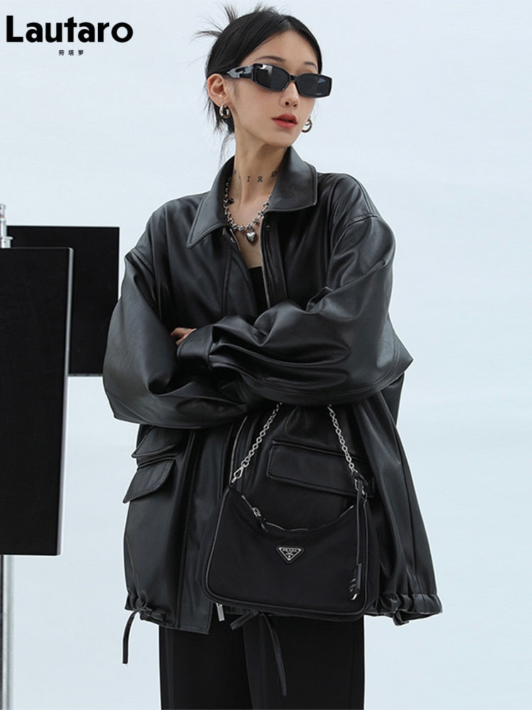 Spring Autumn Oversized Casual Waterproof Black Soft Pu Leather Jacket