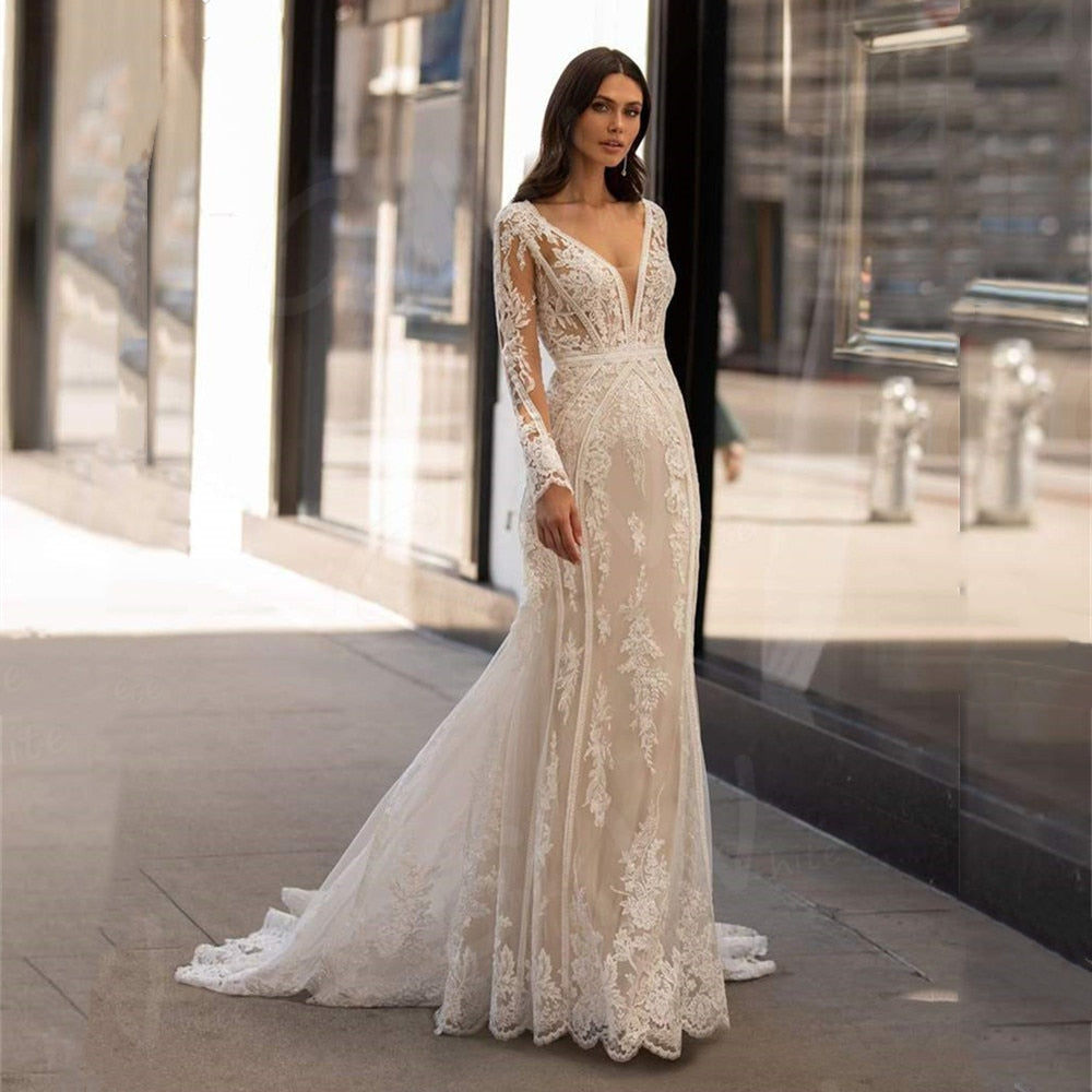 Mermaid Wedding Dress Long Sleeve V-Neck Illusion Back Bridal Gown