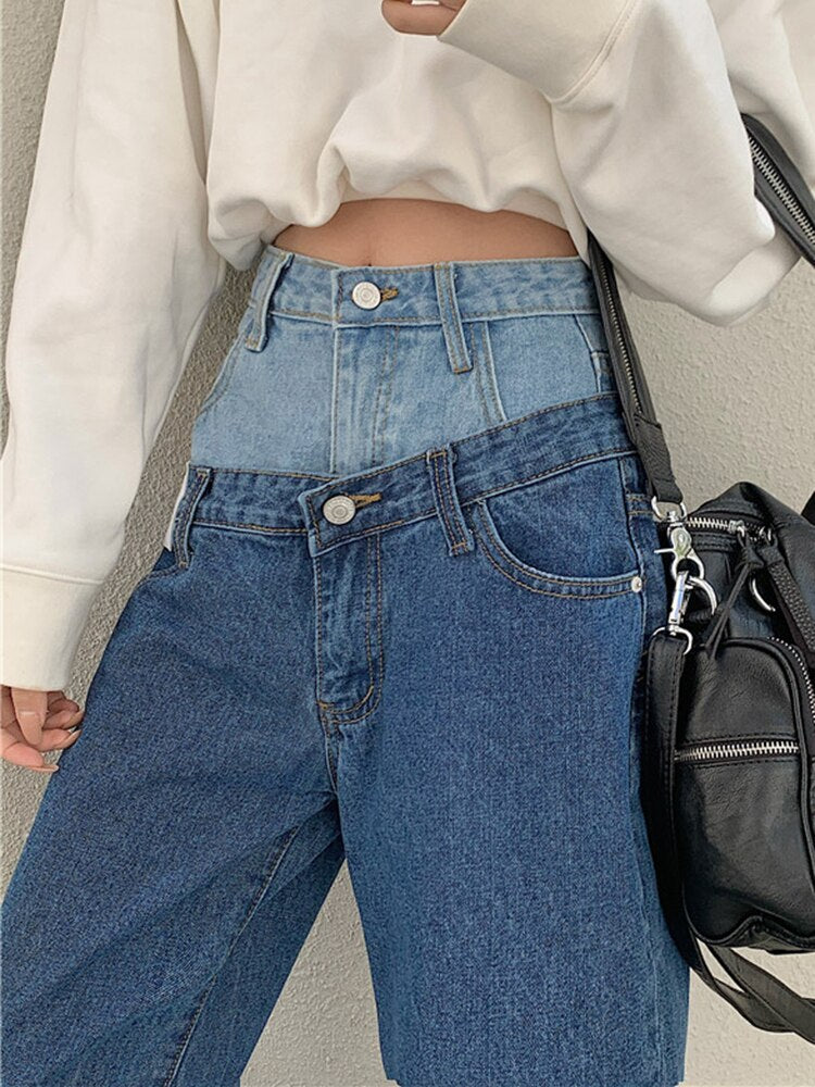 Stylish Fake Two Piece Jeans Women Patchwork Daddy Pants Female Baggy Jeans
