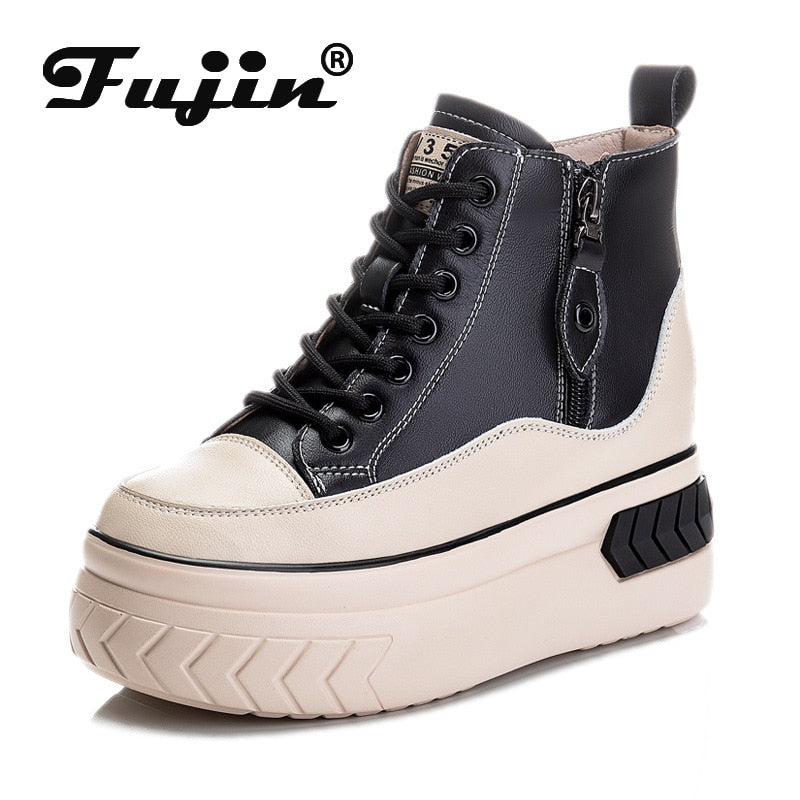 Fujin High Top Women Shoes Genuine Pleather 8cm Platform Wedge Hidden Heel Zipper Spring Autumn Warm Fur Winter Shooes Sneakers