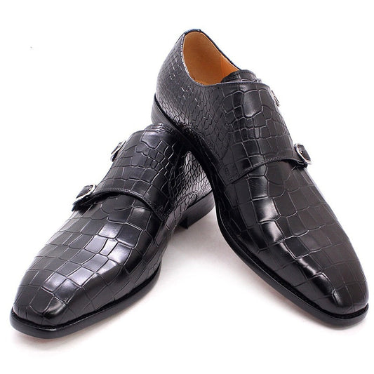 Luxury Italian Mens Leather Pointed Toe Shoes Double Buckles