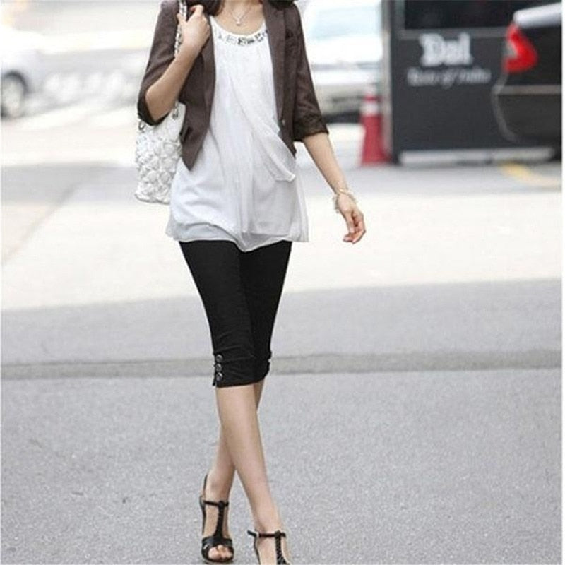 Women Casual Cropped Pants Solid Color Button Fly Waist Slim