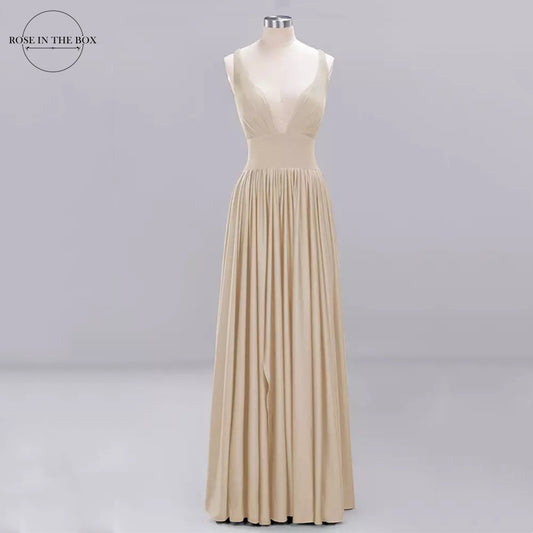 Homecoming Dresses: V Back Champagne Long Prom Dresses Real Photos Solid Prom