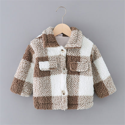 Toddler Girl Plaid Lapel Collar Button Design Coat Jacket for Girls Boy Baby
