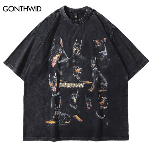 Oversize Distressed T Shirts Hip Hop Vintage Doberman Dog Print Punk Rock