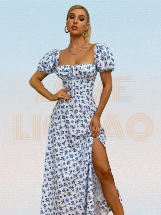 Floral Print Puff Sleeve Tie Front High Slit Dress Women Ruched Drawstring Party Long Dress