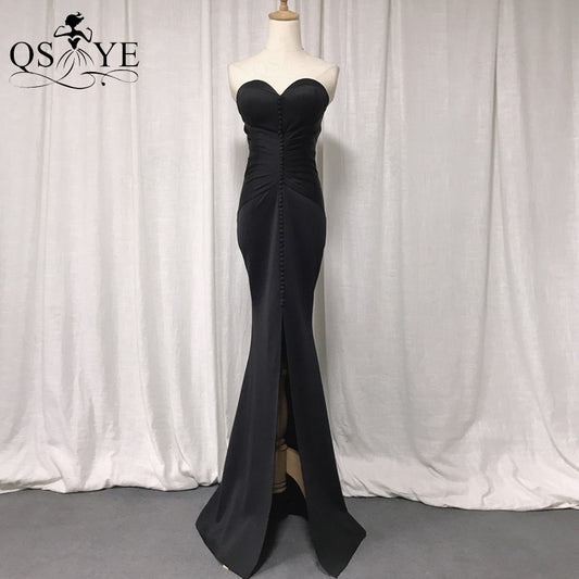 Front Split Black Mermaid Long Prom Dress Fitted Elastic Ruched Evening Gown