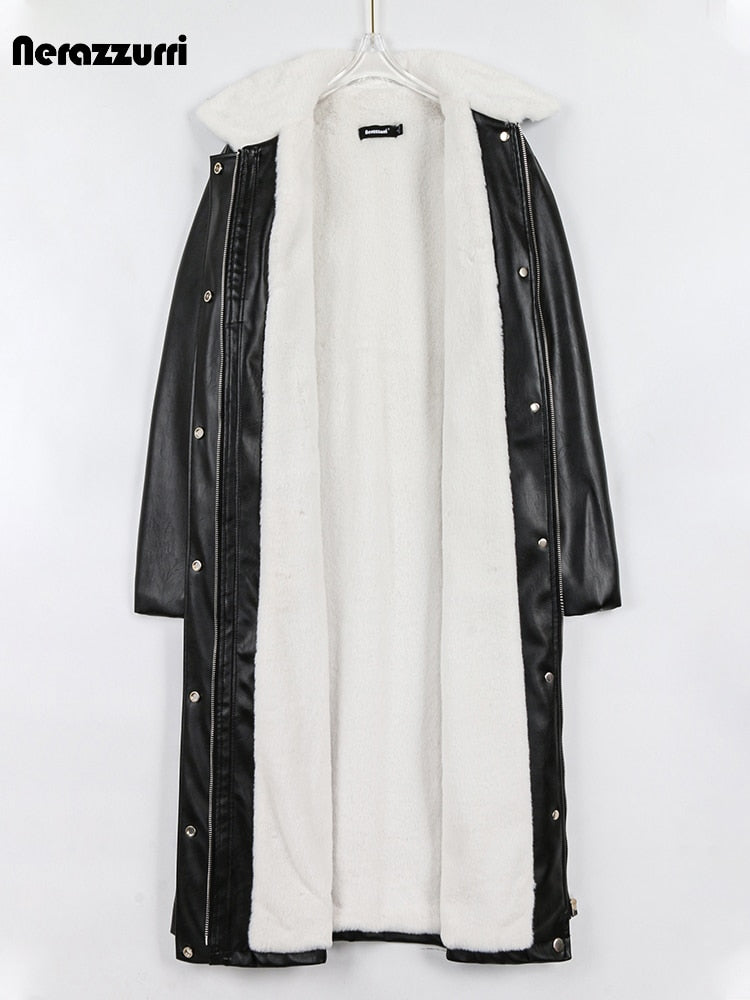 Winter Long Loose Casual Thick Warm Brown Black Pu Leather Coats
