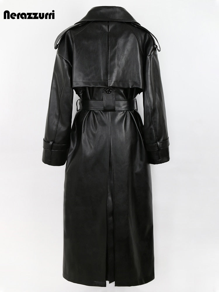 Spring Autumn Long Oversized Black Pu Leather Trench Coat