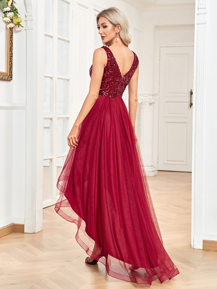 Evening wear Dresses: V-Neck Sleeveless Sequin Floor Length Evening Dress Red