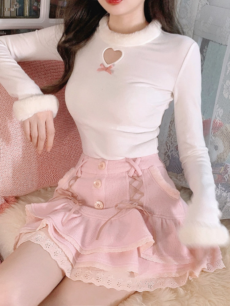 Kawaii Lolita Mini Skirt Women Winter Lace Casual Elegant Sweet Female Skirt