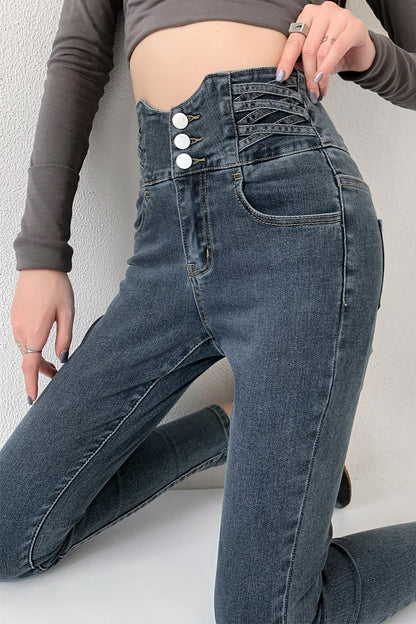 Skinny Pencil Jeans Four Buttons Vintage High Waist Women Slim