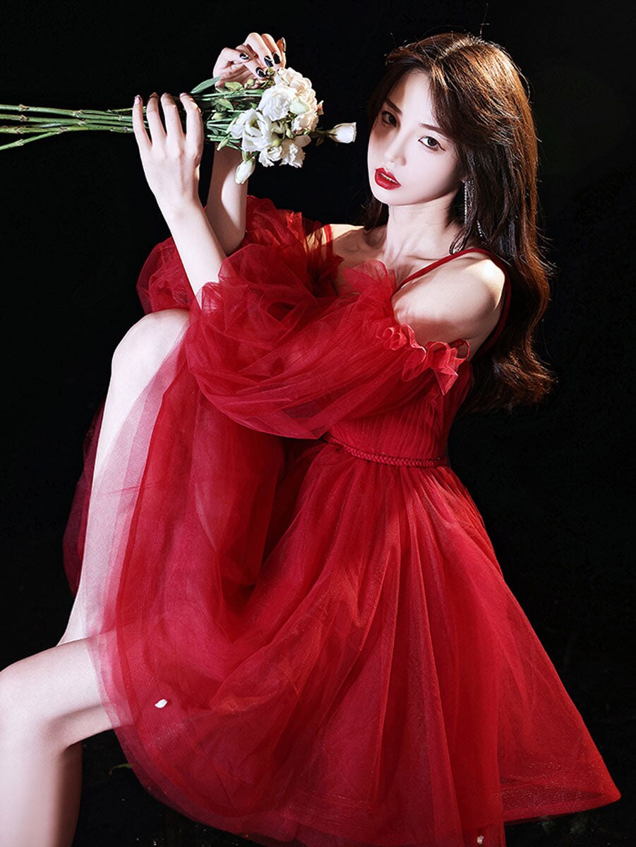 Homecoming Dresses: Red Prom Dresses Short Tulle A Line Off Shoulder 3/4 Sleeves