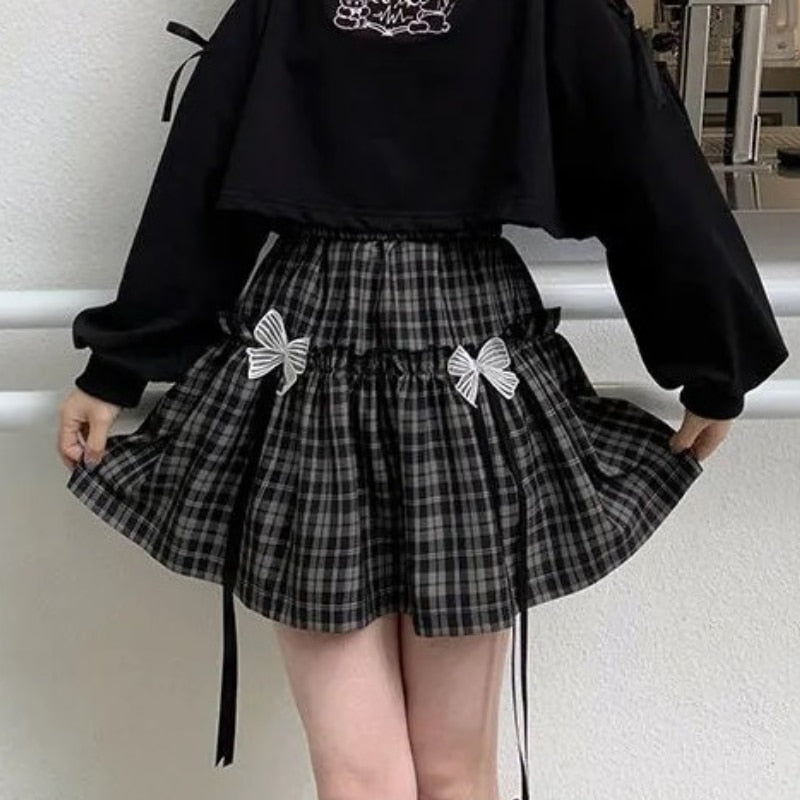 Kawaii Gothic Lolita Plaid Skirt Women Goth Bow Black High Waist A-line