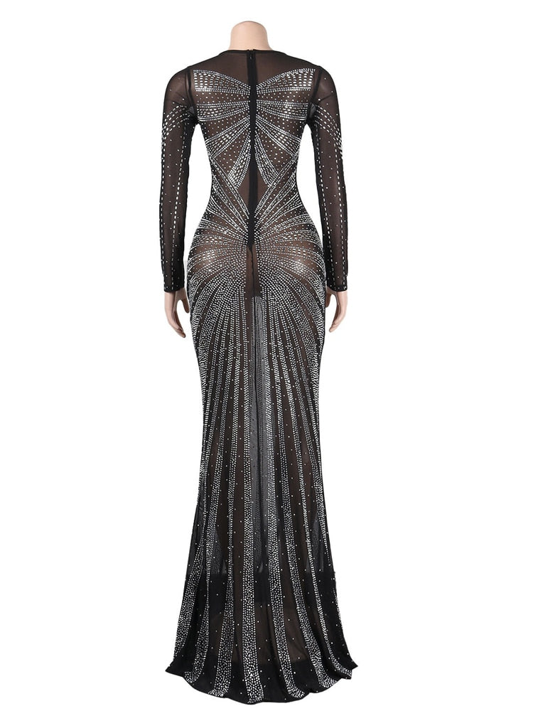 Homecoming Dresses: Sheer Mesh Geometric Crystal Maxi Gowns Beautiful Hollow