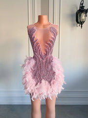 Luxury Sheer Neckline Women Cocktail Dress Pink Feather Black Girl Short