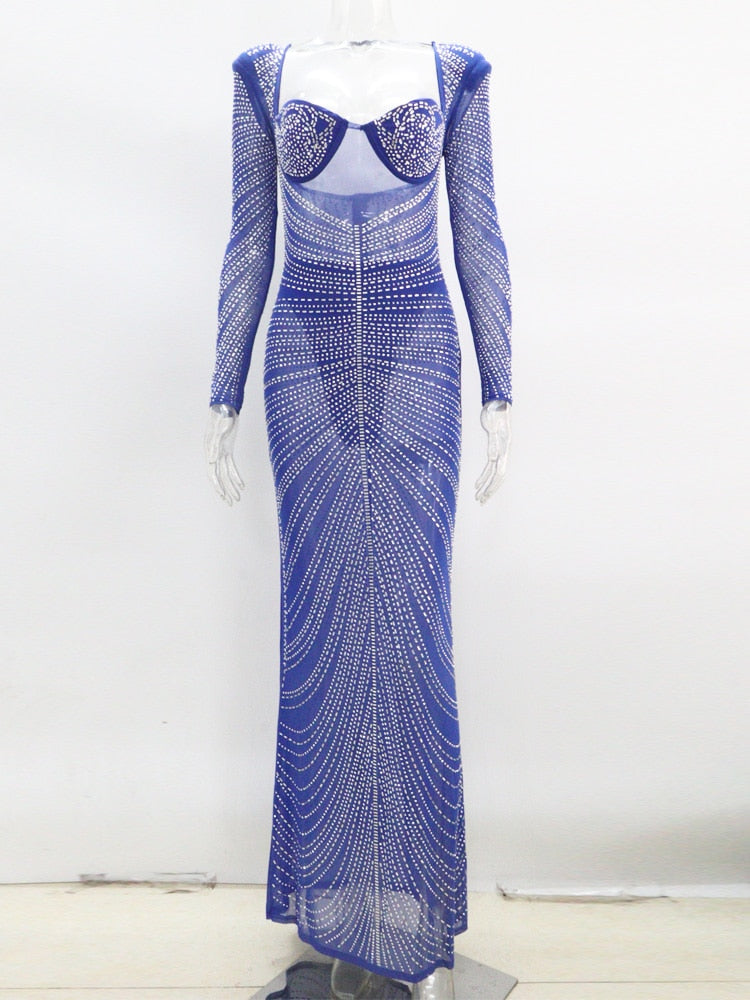 Kricesseen Sexy Mesh Rhinestone Crystal Patchwork Maxi Dress Gown Luxury