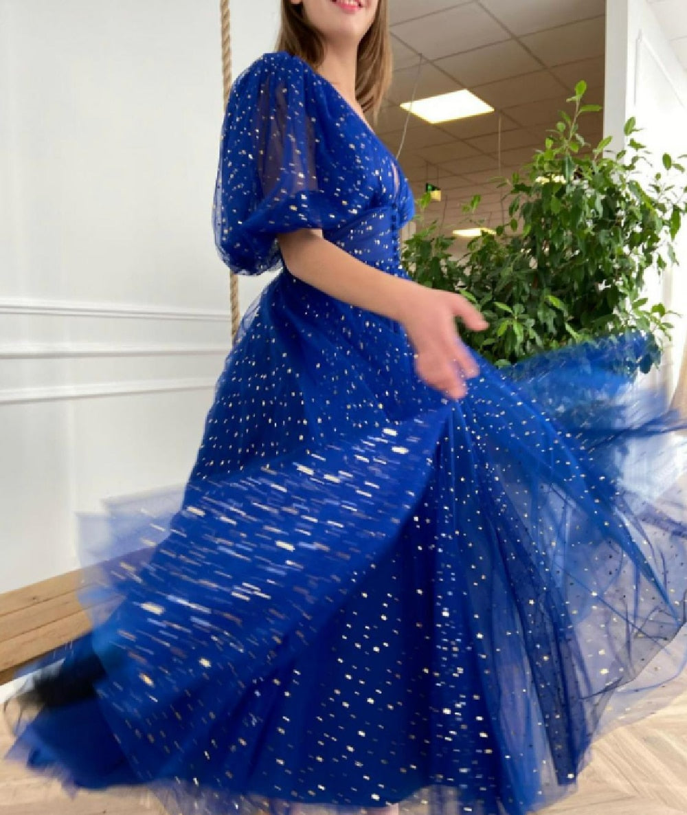 Evening wear Dresses: Tulle Midi Prom Dresses Half Sleeves Formal Evening Gowns