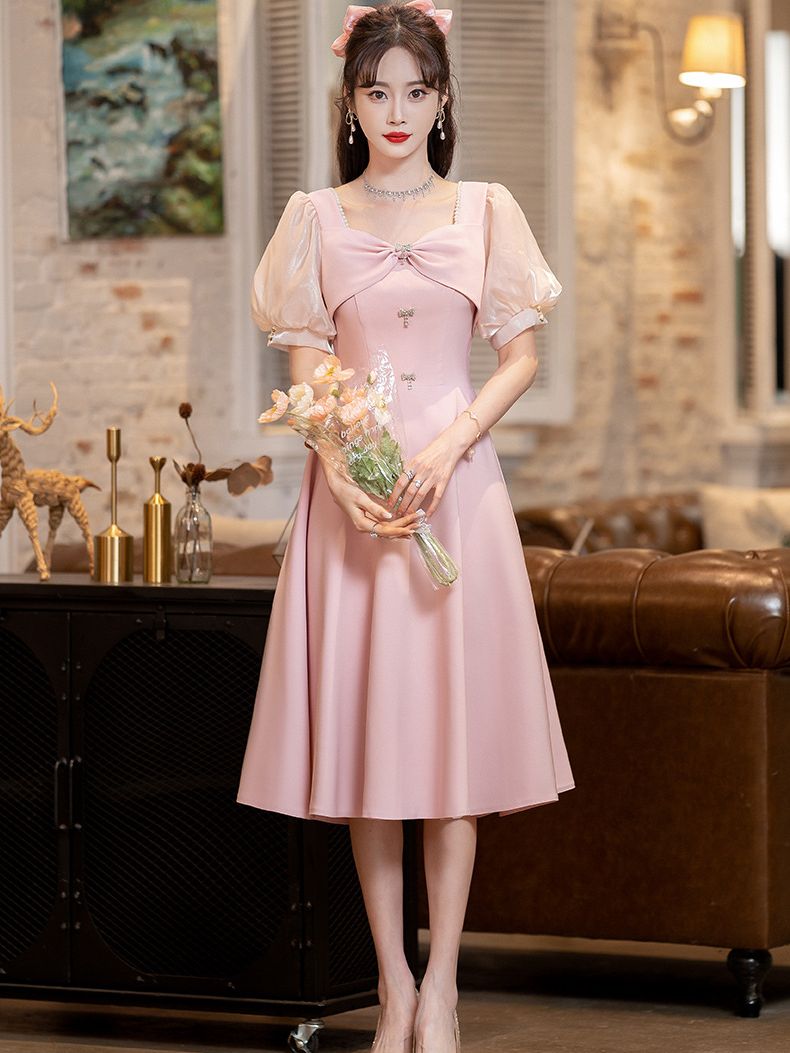 Evening wear Dresses: Pink Prom Dress Puff Sleeve Collar Mid-Length A-Line Party