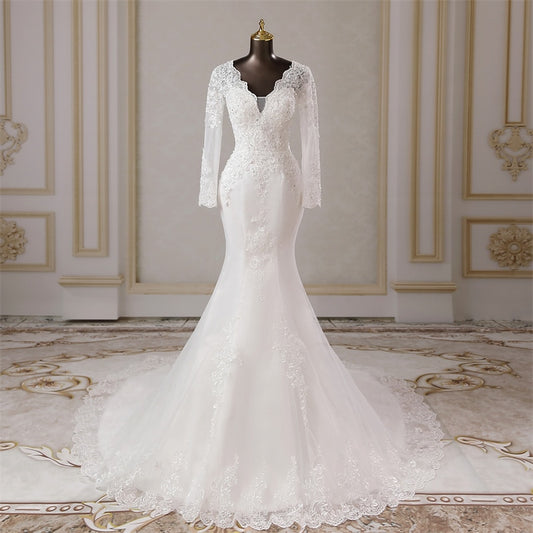 White Bridesmaid Dresses: long sleeves applique mermaid Wedding dresses