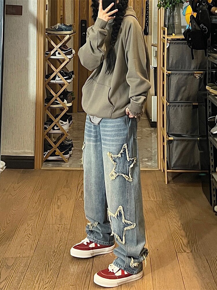 American Brown Jeans Men Washed Gradual Gradient Five pointed Star