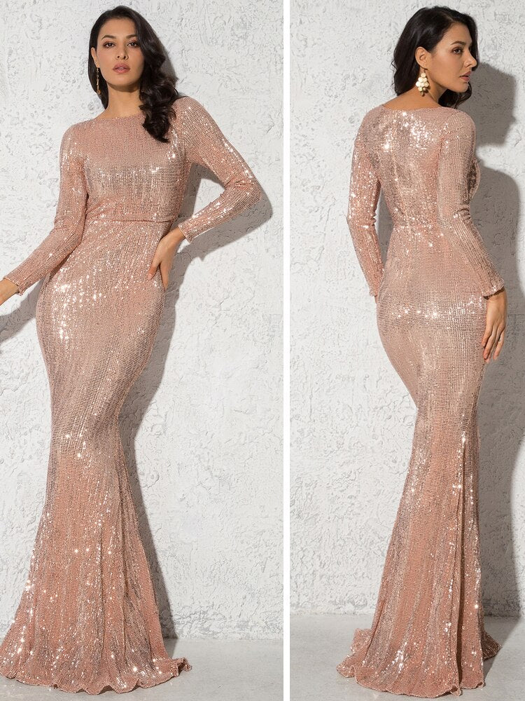 Homecoming Dresses: Long Sleeve Maxi Prom Dress Sequin Stretchy O Neck Full Lining
