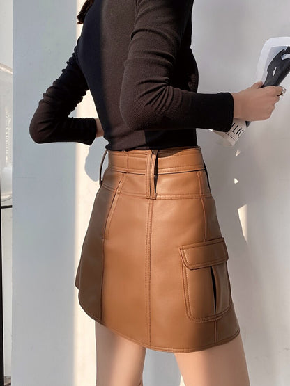 Versatile Japanese Style  A-Line Skirts Women Summer Genuine Leather Brown