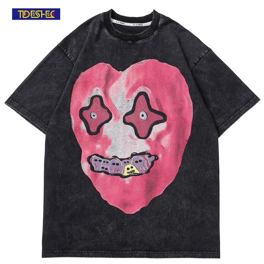 Men Hip Hop Washed T-Shirt Streetwear Funny Heart Monster Print T Shirt