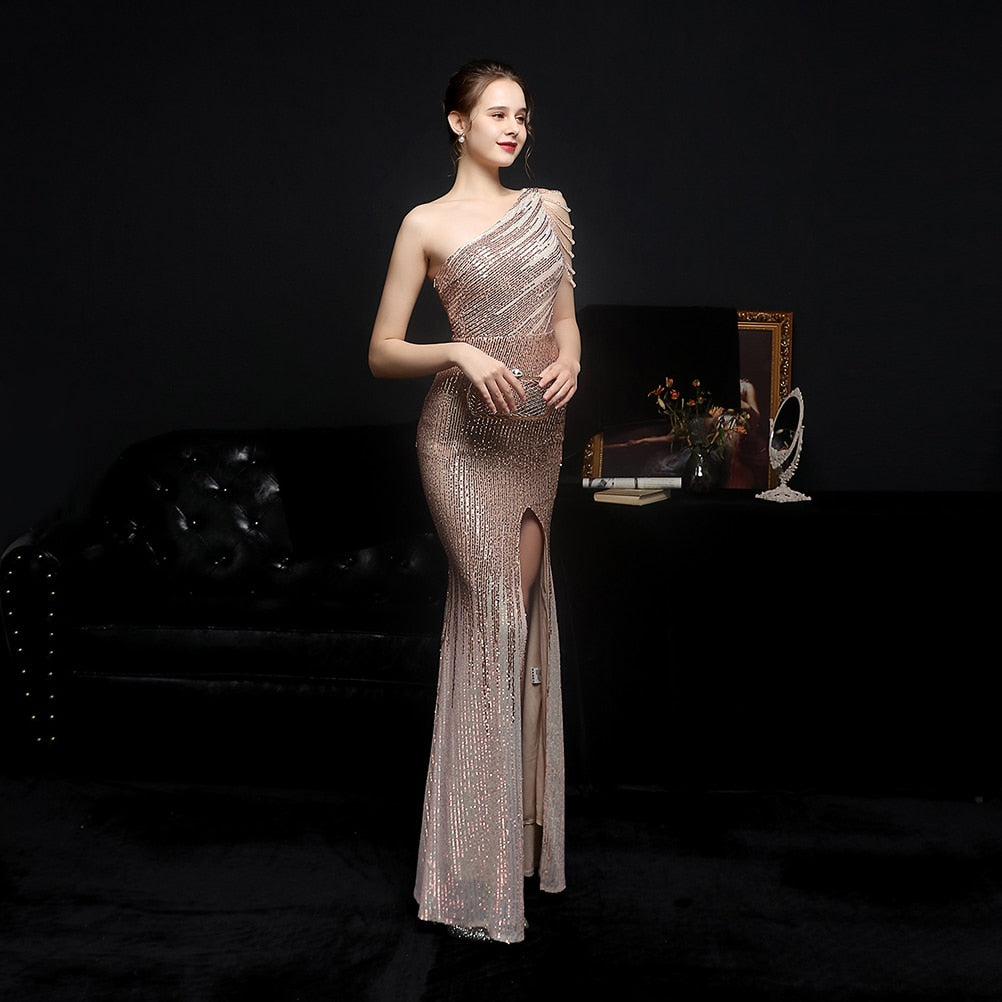 Evening wear Dresses: One Shoulder Split Evening Dress Long Sequins Mermaid