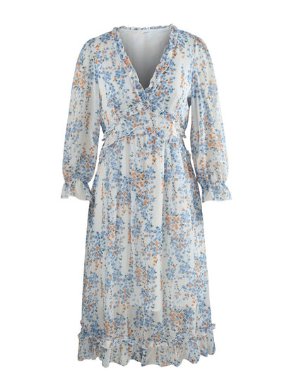 V Neck Floral Dress Ladies Butterfly Sleeve High Waist Casual Print Dresses For Women Summer Chiffon Dress
