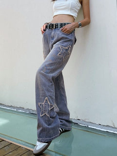 Streetwear Blue Pentagram High Waist Jeans Y2k Korean Style Hip Hop