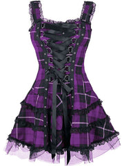 Goth Dark Plaid Bandage Gothic Women A-line Dresses Grunge Aesthetic Lace