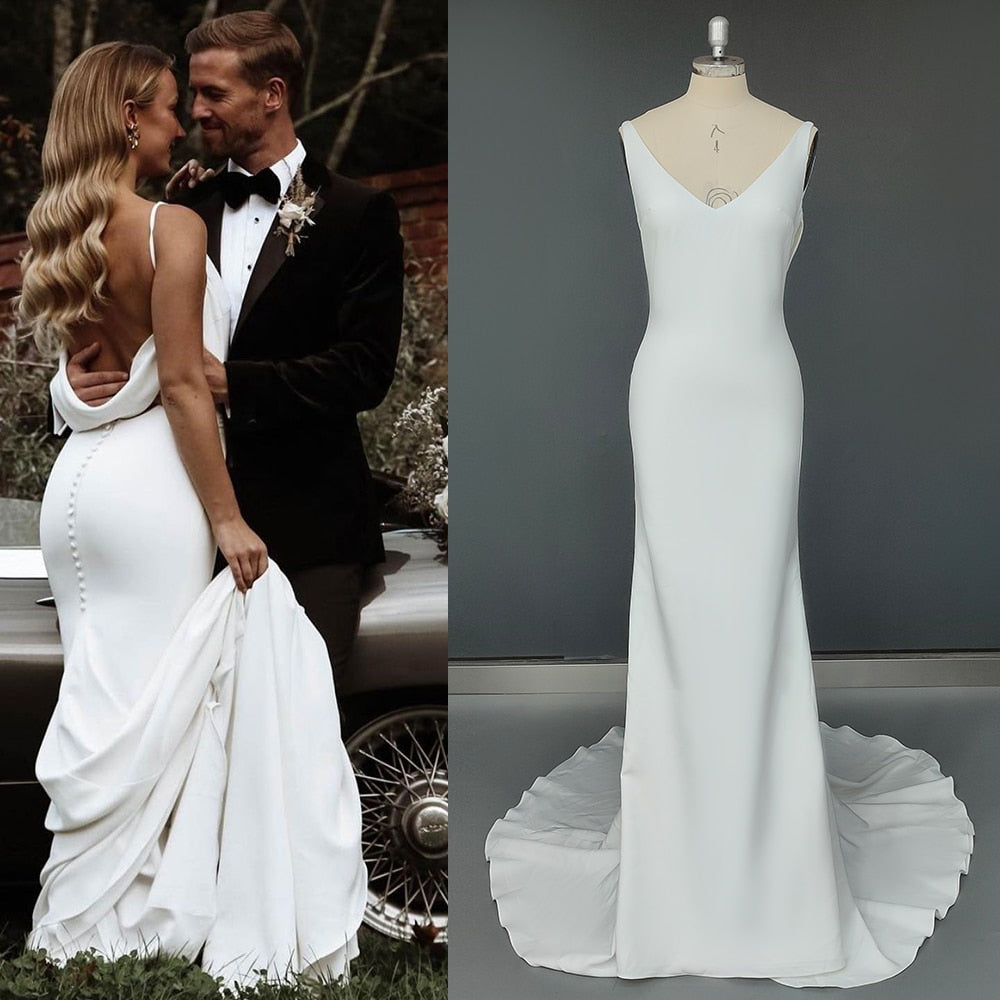 White Bridesmaid Dresses: Wedding Dress Long Train Backless Buttons Draped