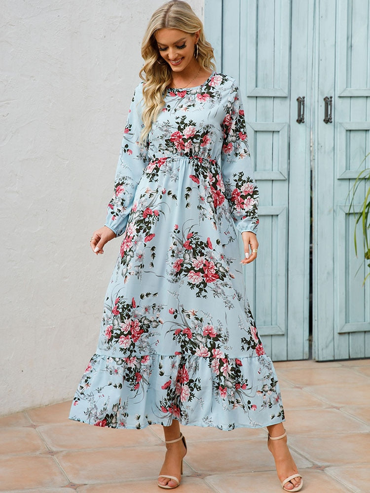 Elegant Floral Print Women Dress Spring Summer Casual O Neck Long Sleeve