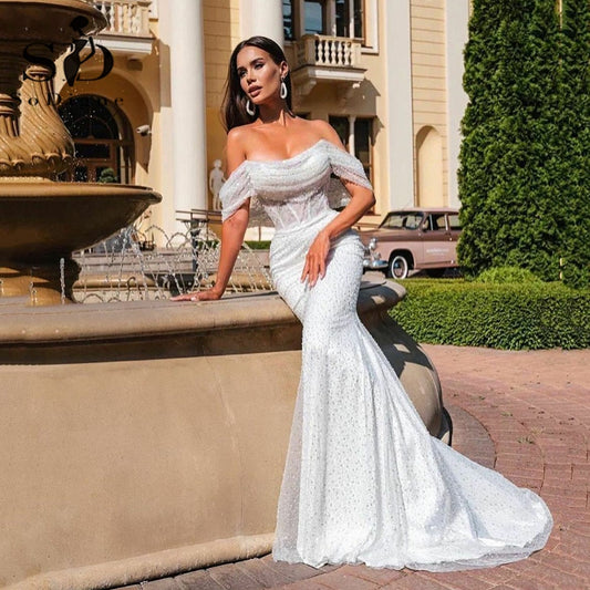 White Bridesmaid Dresses: Mermaid Wedding Dresses Off The Shoulder Boho