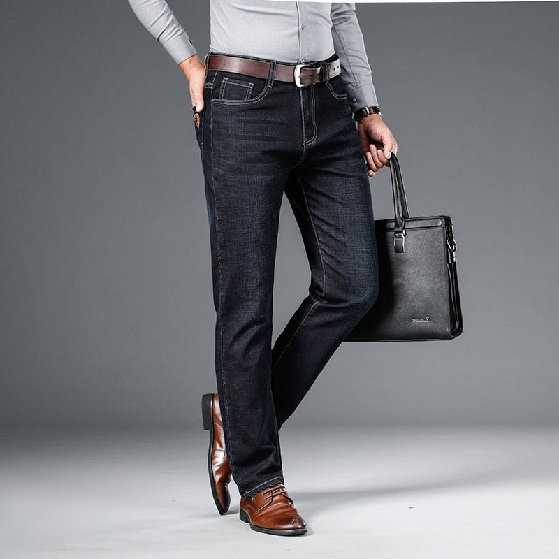 autumn spring fitted straight stretch denim jeans classic style badge youth men