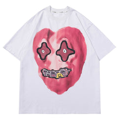 Men Hip Hop Washed T-Shirt Streetwear Funny Heart Monster Print T Shirt