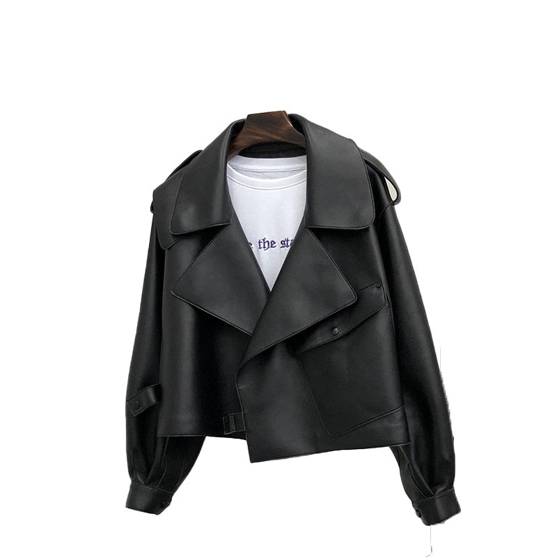Spring Women Short Faux Leather Jacket Single Button Black Coats
