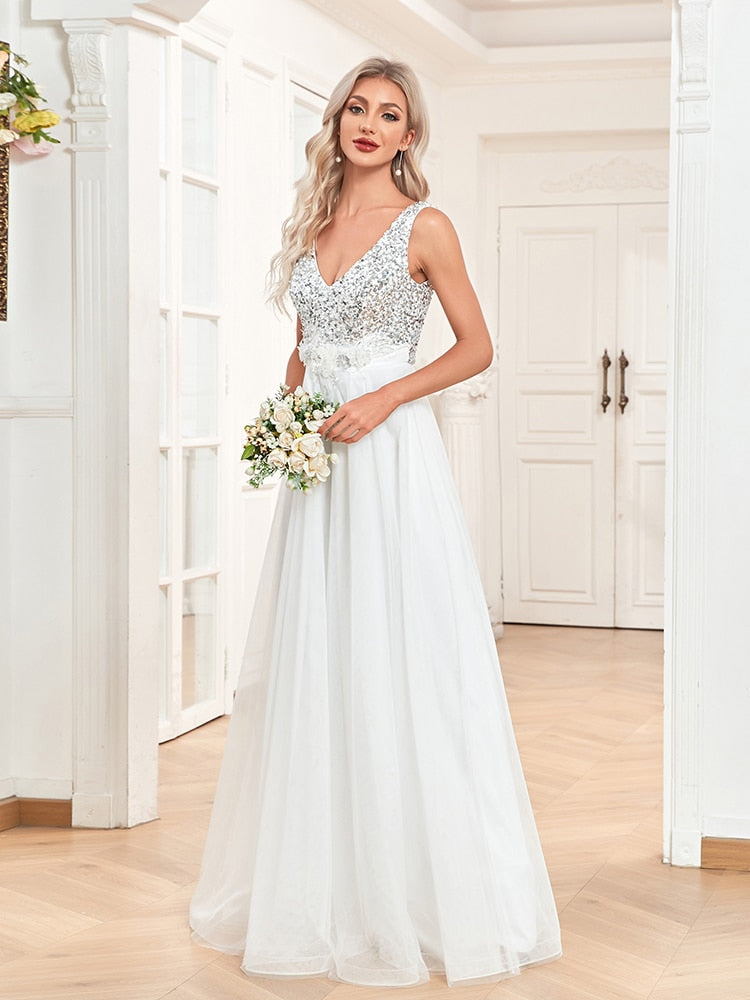 Evening wear Dresses: V-Neck Sleeveless Sequin Floor Length Evening Dress White